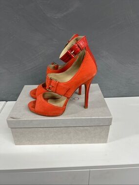 Jimmy Choo Orange Peep-Toe Ankle Strap Stiletto Heels